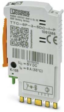 Ein Leistungsschalter mit der Beschriftung: Uc=5V DC, In=6A; ausgestattet mit einem QR-Code und Symbolen für CE-Zertifizierung.