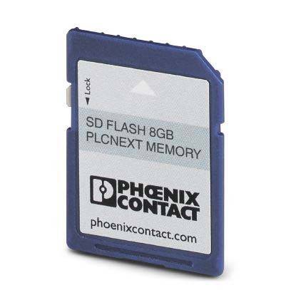 Eine SD-Karte von Phoenix Contact, beschriftet mit 'SD FLASH 8GB PLCNEXT MEMORY', mit blauem Gehäuse und Schiebeschalter zum Sperren.