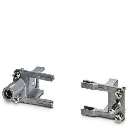 Zwei Metallhalterungen, eine mit einem zylindrischen Anschluss, die für mechanische oder strukturelle Montagezwecke verwendet werden.