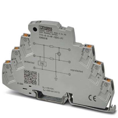 Elektronische Schaltungskomponente mit grauem Gehäuse, ausgestattet mit Anschlüssen und den Beschriftungen 