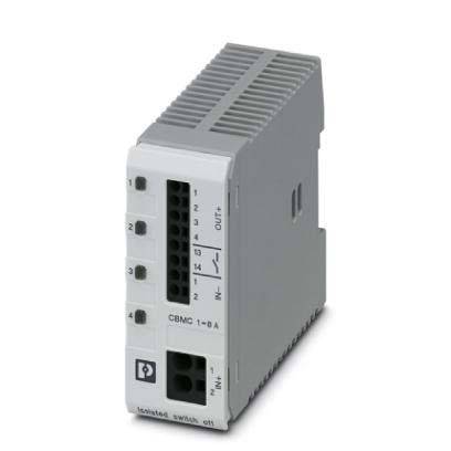 Elektronisches Gerät mit einem grauen Gehäuse, mit der Aufschrift 'CBMC 1-8A', ausgestattet mit Schaltern und Kontrollleuchten, nummeriert von 1 bis 4.