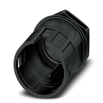 Eine schwarze, zylindrische Kunststoffkomponente mit gerillten Seiten und offenen Enden, wahrscheinlich zur Verbindung oder Aufnahme von mechanischen Teilen verwendet.