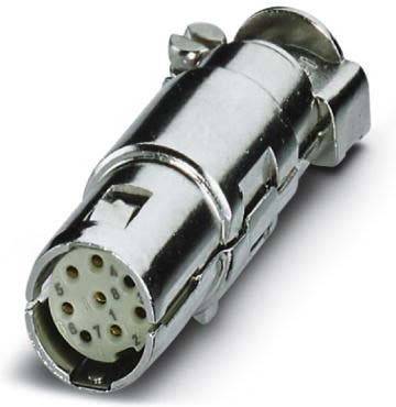Eine Nahaufnahme eines zylindrischen Elektro-Mehrfachsteckers aus Metall, der mehrere kreisrunde Stifte im Inneren für den Kabelanschluss aufweist.