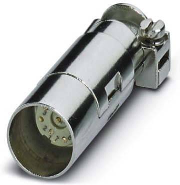 Eine Nahaufnahme eines metallischen Koaxialsteckers mit einem Schraubmechanismus, der typischerweise für sichere Kabelverbindungen in elektronischen Geräten verwendet wird.