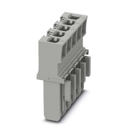 Ein grauer Plastikverbinder mit mehreren Steckplätzen und einem Verriegelungsmechanismus, der zur sicheren Verbindung elektronischer Komponenten verwendet wird.