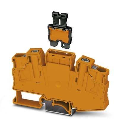 Orangefarbener elektrischer Klemmenblock mit abnehmbarem Anschlussbereich oben, der zwei Anschlusspunkte und Metallstreifen zur Drahtbefestigung zeigt.