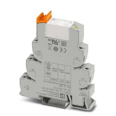 Phoenix Contact Relaismodul, DIN-Schiene montiert mit einem orangefarbenen Hebel, mit elektrischen Spezifikationen und Symbolen an der Seite.