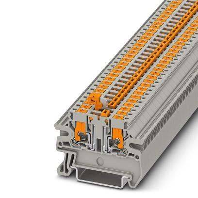 Zweistufiger Klemmenblock für elektrische Anschlüsse mit Schraubklemmpunkten in orange und grauem Gehäuse, konzipiert für einfache Verkabelung.