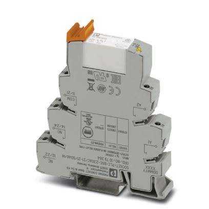 Eine elektrische Komponente, montiert auf einer Hutschiene mit sichtbaren beschrifteten Anschlüssen, mit einem weißen Block und einem orangefarbenen Verschluss oben.