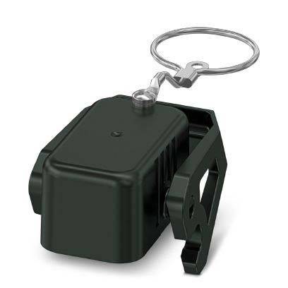 Ein schwarzes Plastikgerät mit rechteckiger Form und einem Metallschlüsselring, das zum Halten oder Organisieren von Schlüsseln entwickelt wurde.