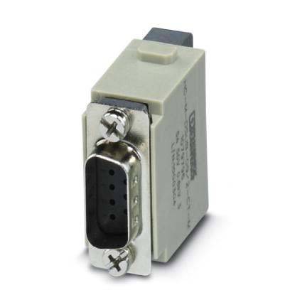 Eine kleine rechteckige elektronische Komponente mit einem Neun-Pin-Anschluss an einem Ende. Es scheint sich um eine Art Adapter oder Konverter zu handeln.