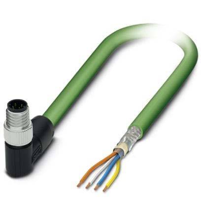 Ein grünes, rechtwinklig gewinkeltes industrielles Kabel mit einem Mehrfachdrahtende, das verschiedenfarbige Drähte zeigt und darauf hindeutet, dass es für technische Verbindungen vorgesehen ist.