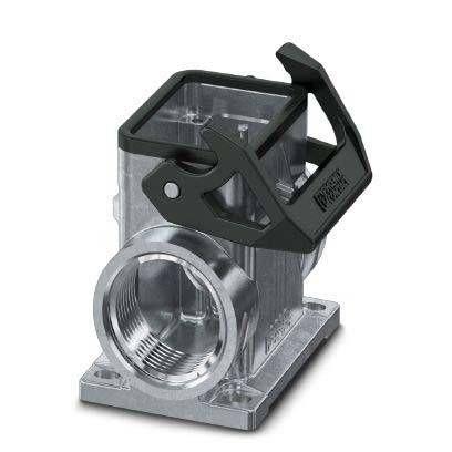 Ein metallisches industrielles Anschlussgehäuse mit einem klappbaren Schutzdeckel und einer Basismontage. Es verfügt über eine große Gewindeöffnung auf der Frontseite.
