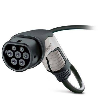 Elektrisches Fahrzeugladestecker mit mehreren Pins und einem schwarzen Kabel, der zum Anschluss an eine Ladestation verwendet wird.