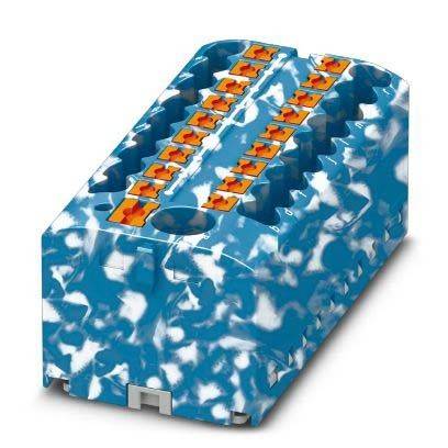 Ein blauer und weißer Plastikblock mit mehreren orangefarbenen Anschlüssen, die in zwei Reihen angeordnet sind.