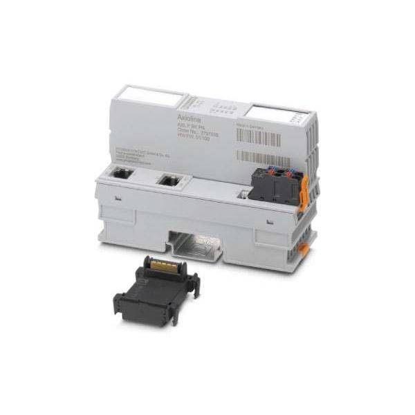 Ein weißes industrielles elektronisches Modul mit Steckkomponenten, das einem Relais oder einer Steuereinheit ähnelt, sitzt auf einem weißen Hintergrund.