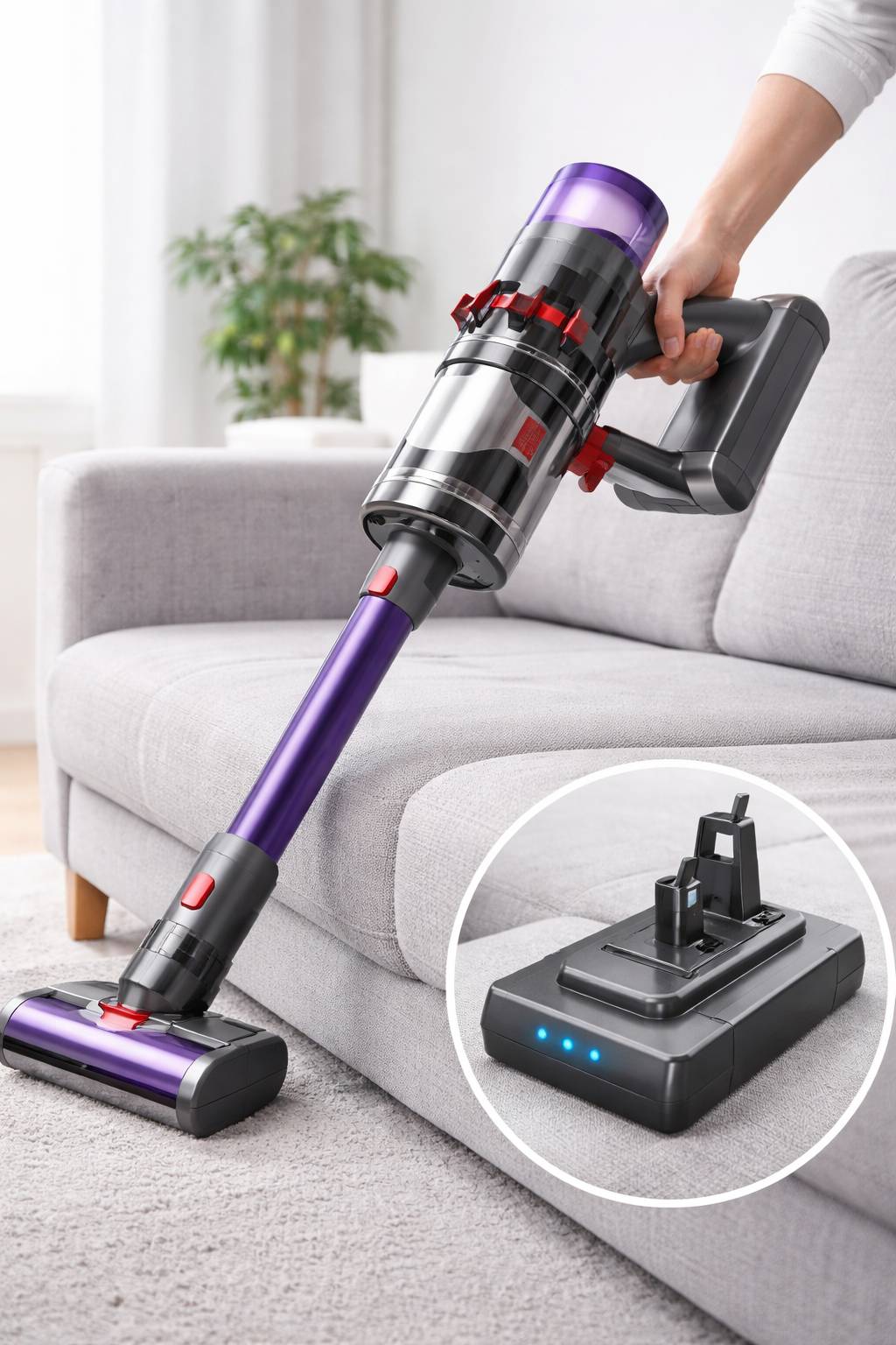 Person, die einen kabellosen Stabstaubsauger zur Reinigung eines Sofas und Teppichs nutzt, mit einer kreisförmigen Vergrößerung, die die Ladestation und die Batterieanzeigelampen zeigt.
