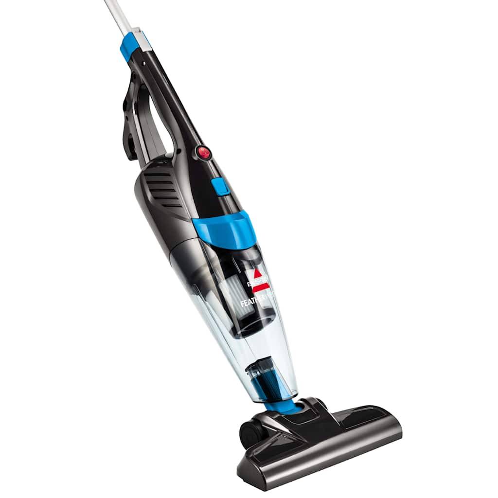 Schwarz-blauer kabelloser Stabstaubsauger mit Bodendüse, dargestellt auf weißem Hintergrund.