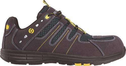 Ein schwarzer und gelber Wanderschuh mit verstärkter Naht, ausgestattet mit einer robusten Sohle für Traktion und Haltbarkeit.