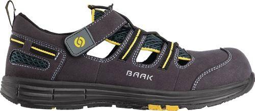 Ein schwarzer und gelber Sandale mit verstellbaren Riemen, designed für Komfort und Sicherheit. Die Marke 'BAAK' ist an der Seite sichtbar.
