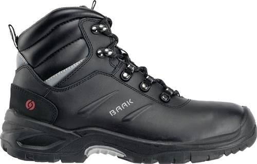 Ein schwarzer Leder-Arbeitsschuh mit robusten Schnürsenkeln, Metalltüllen und einer gerippten Sohle, konzipiert für industrielle Verwendung, mit der Markenbezeichnung 'BAAK'.