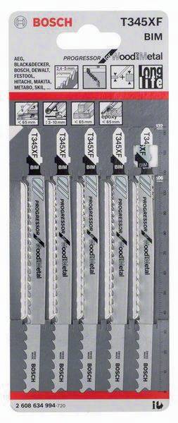 Packung mit fünf T345XF Stichsägeblättern für Holz und Metall, gekennzeichnet als Bosch, 132 mm lang, aus BIM-Material, neben einem Lineal zur Größenangabe dargestellt.
