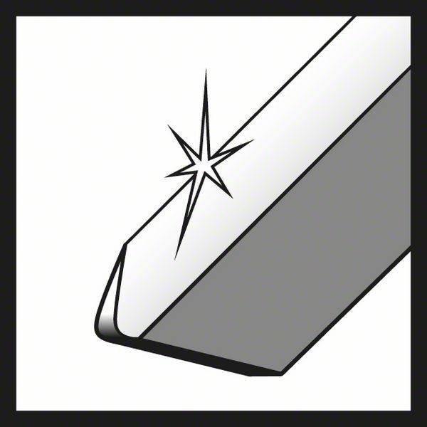 Ein schlankes, metallisches Objekt mit einer scharfen Kante und einem glänzenden Funkeln, das Präzision oder Schärfe suggeriert.