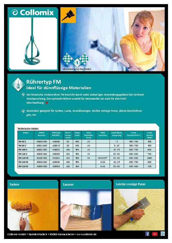 Rührer FM 80 S Rührkorb-D.80mm L.400mm 5-10kg 6-kant,10mm COLLOMIX