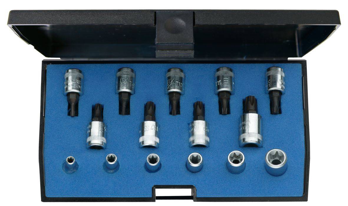 Offener Koffer mit blauem Schaumstoff-Set aus Stecknüssen und Bitadaptern, einschließlich fünf größerer Bits, vier kleinerer Adapter und sechs Stecknüssen.