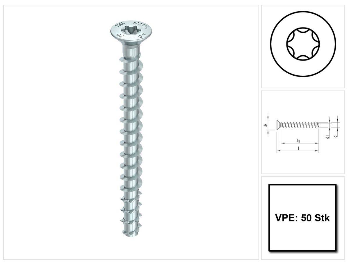 HECO MULTI MONTI plus F Schraubanker 7,5 x 100 mm 50 Stück ( 48517 ) Betonschraube, Senkkopf, T-Drive, verzinkt blau, A2K