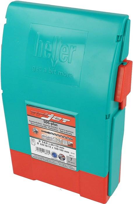Eine türkis-rote Bohreretui mit 'Heller'-Branding und SDS-Plus-Bohrerdetails auf dem Etikett. Geeignet für Bohrhämmer.