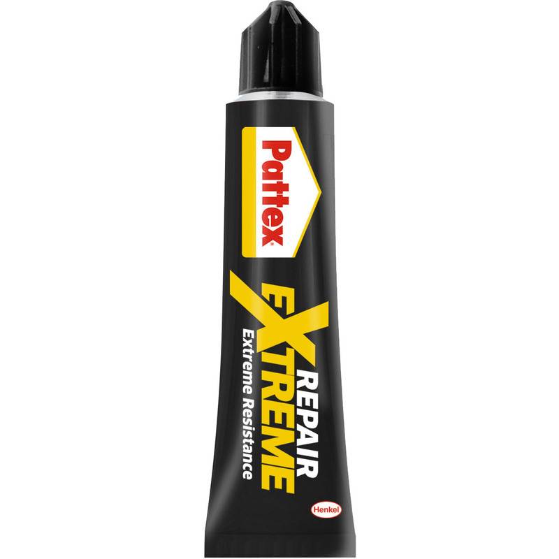 Schwarze Tube des Pattex Extreme Repair Klebers mit schwarzer Kappe und gelb-roter Branding auf weißem Hintergrund.