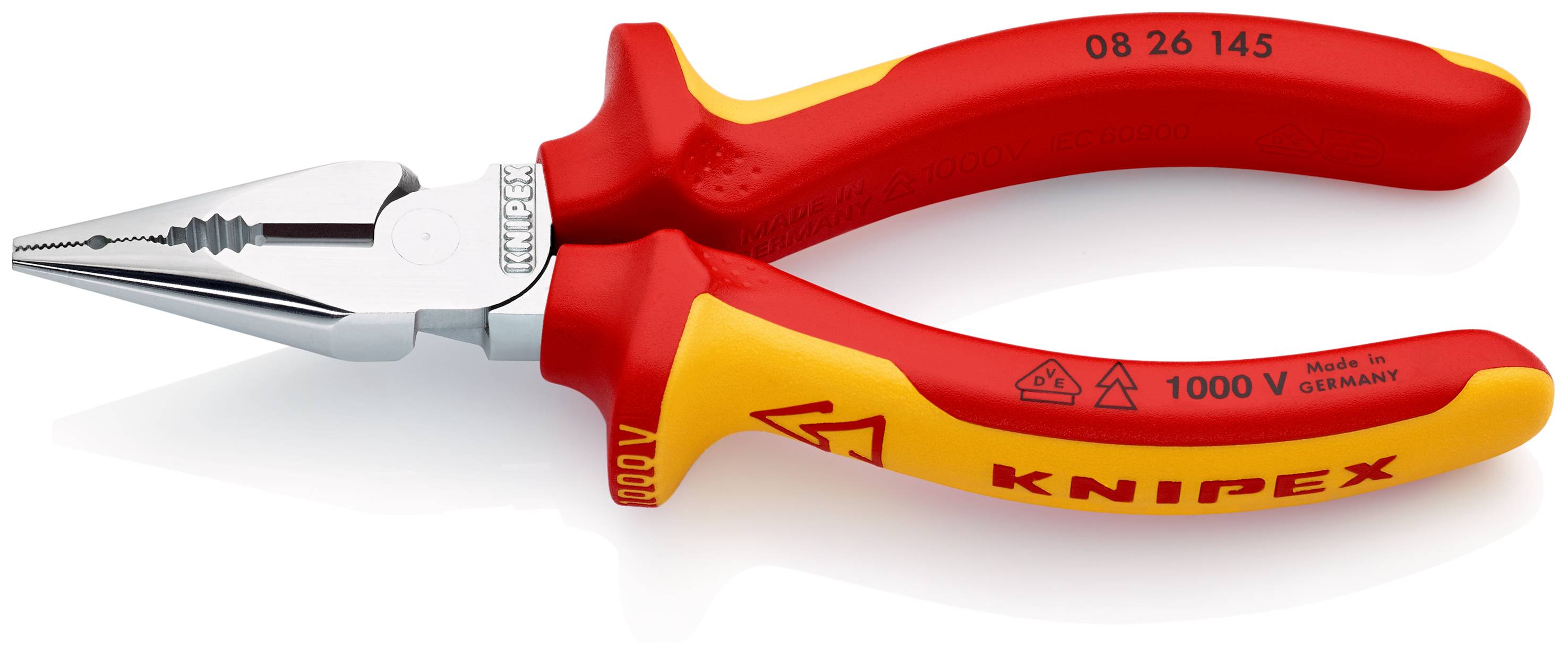 KNIPEX 08 26 145 Spitz-Kombizange isoliert mit Mehrkomponenten-Hüllen, VDE-geprüft verchromt 145 mm