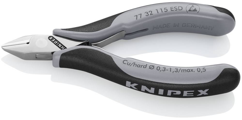Ein Paar Knipex Seitenschneider in Silber und Schwarz, auf weißem Hintergrund gezeigt, mit sichtbarem Markennamen auf dem Griff.
