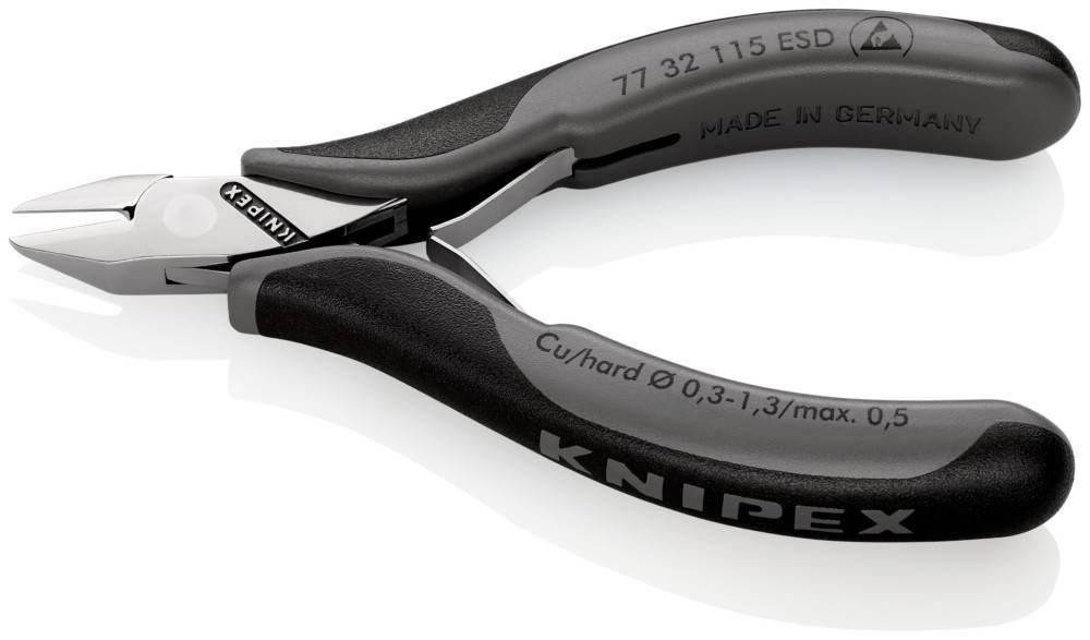 Nahaufnahme einer Knipex-Seitenschneider-Zange, die die Schneiden und Griffe zeigt, mit der Gravur 'Made in Germany' auf dem Metall.