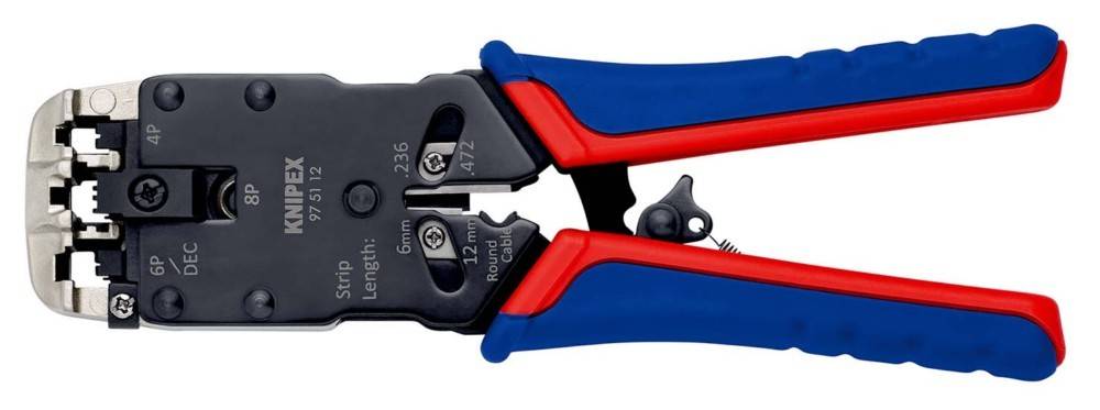 Nahaufnahme einer Knipex-Abisolierzange mit blauen und roten Griffen, gezeigt auf weißem Hintergrund.