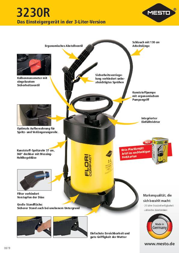 Drucksprühgerät Flori Füllinhalt 3l 3bar NBR G.1,4kg MESTO