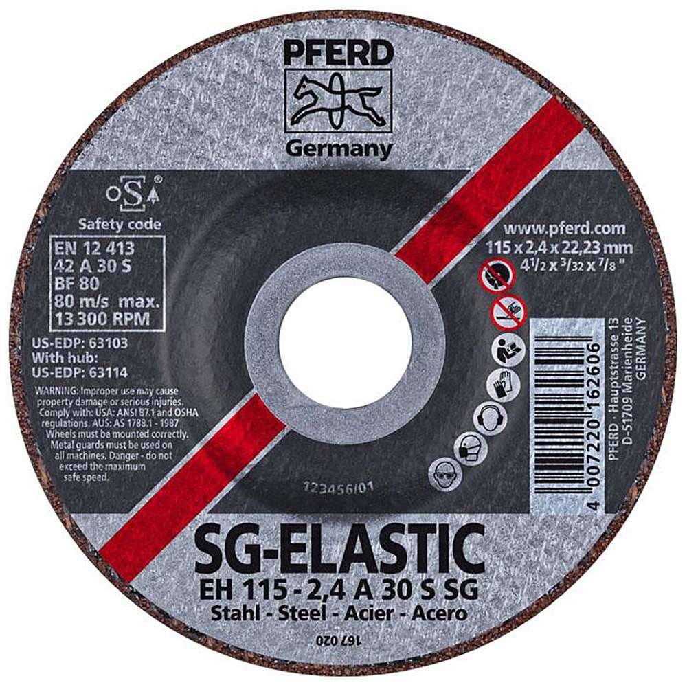 PFERD SG-ELASTIC Schleiftrennscheibe mit Sicherheitscode, Größe und Verwendungsdetails, dargestellt als runde Produktscheibe mit Barcode und Warnhinweisen.