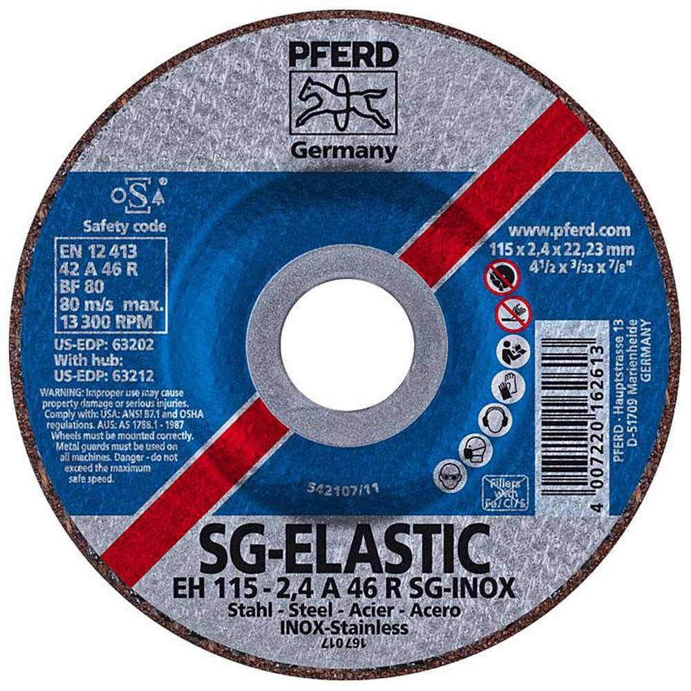 Schleifscheibe PFERD SG-ELASTIC mit Sicherheitsbewertungen, Abmessungen und Verwendungsgrenzen, gedruckt in Deutsch und Englisch.