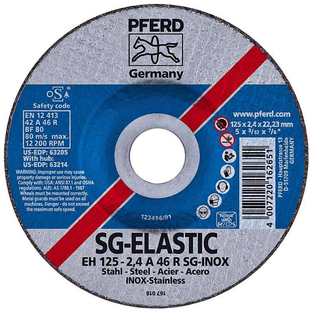 PFERD SG-ELASTIC Schleifscheibe Etikett mit Sicherheits- und Produktspezifikationen, einschließlich 'Deutschland', Größe, Geschwindigkeitsgrenzen und Barcode.