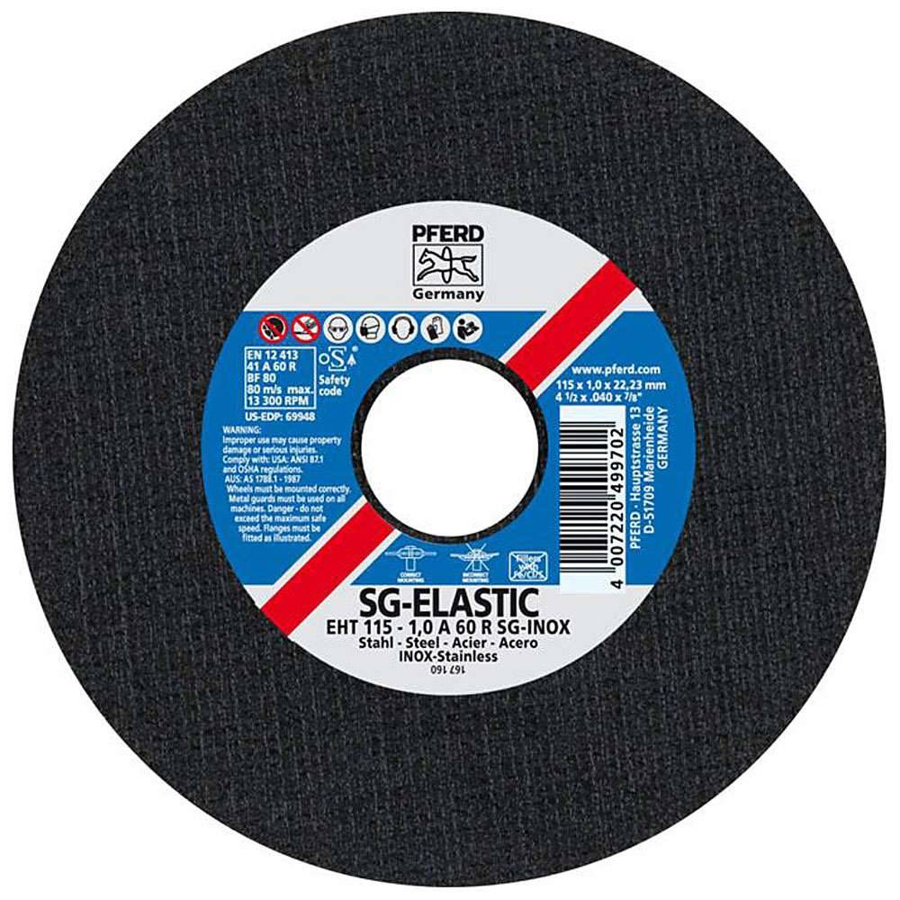 Ein kreisförmiges PFerd SG-ELASTIC Schleifrad mit einer Mitteletikette, die Produktspezifikationen zum Schleifen von Edelstahl und Metall anzeigt.