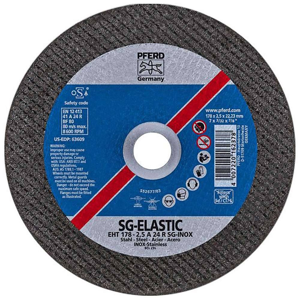 PFERD SG-ELASTIC Schleifschneidscheibe für Edelstahl, gekennzeichnet mit Sicherheitscodes, Produktspezifikationen, Barcode und Gebrauchswarnungen.