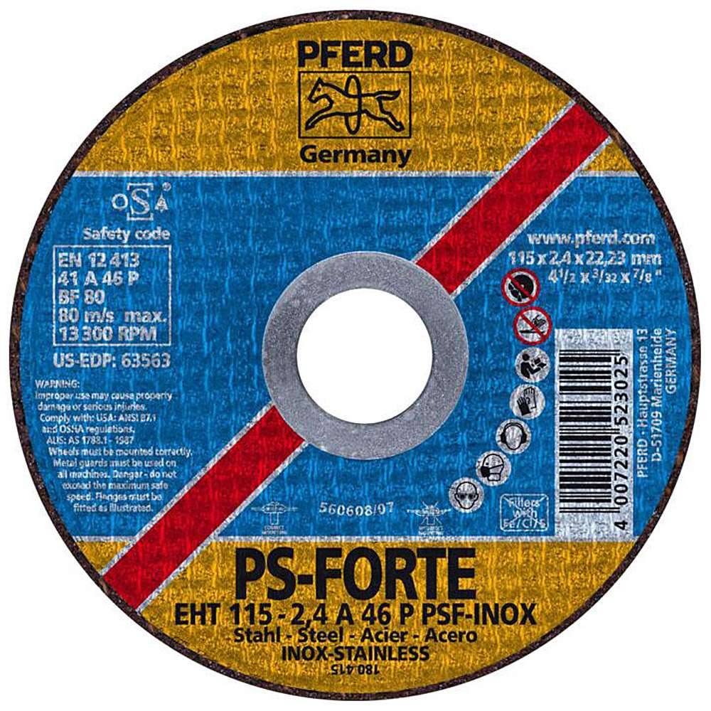 Rundschleifscheibe PFRED PS-FORTE Schleifscheibe in Blau, Gelb und Rot mit Sicherheitskennzeichnungen, Barcode und Produktspezifikationen.