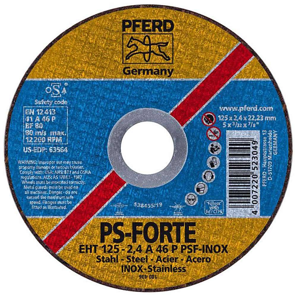 Kreisförmiges PFERD PS-FORTE Schleiftrennrad-Etikett mit rotem Diagonalstreifen, das Produktspezifikationen, Sicherheitssymbole, Barcode und den Text „Deutschland