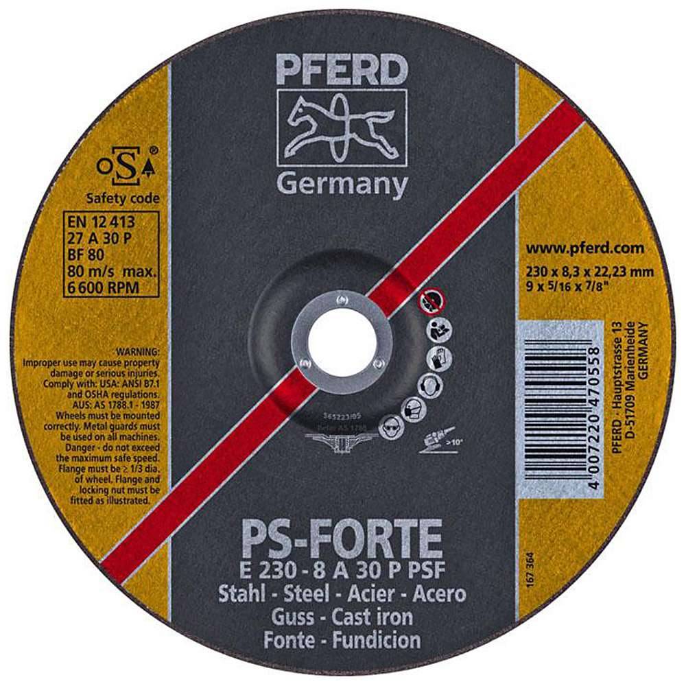 # Etikett für PFERD Trennscheibe zum Schneiden von Metall und Gusseisen mit Sicherheitscode, Gebrauchswarnungen, Barcode und Produktgrößendetails.