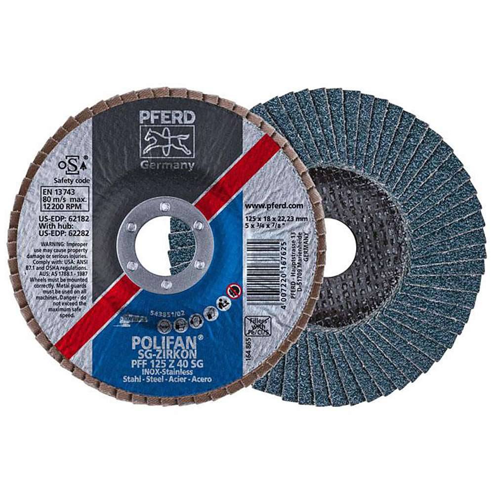 Fächerschleifscheibe - PFERD POLIFAN® - für Stahl/INOX - flache POWER-Ausführung - Bezeichnung PFF 125 Z 40 SG/22,23 - Maße (D x T x H) 125 x 18