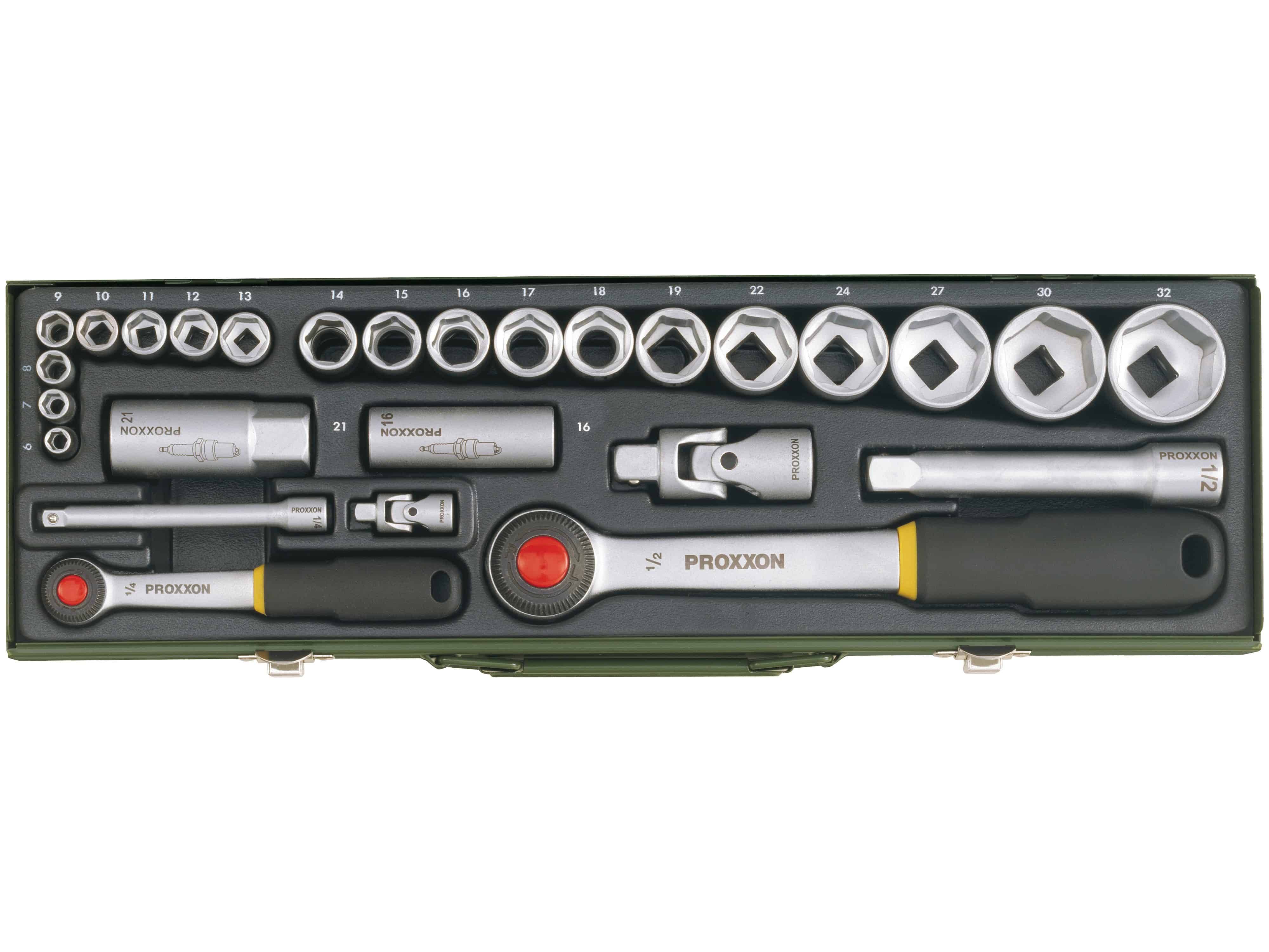 PROXXON PKW-Steckschlüsselsatz mit 1/4"- und 1/2"-Ratsche, 23020, 27-teilig