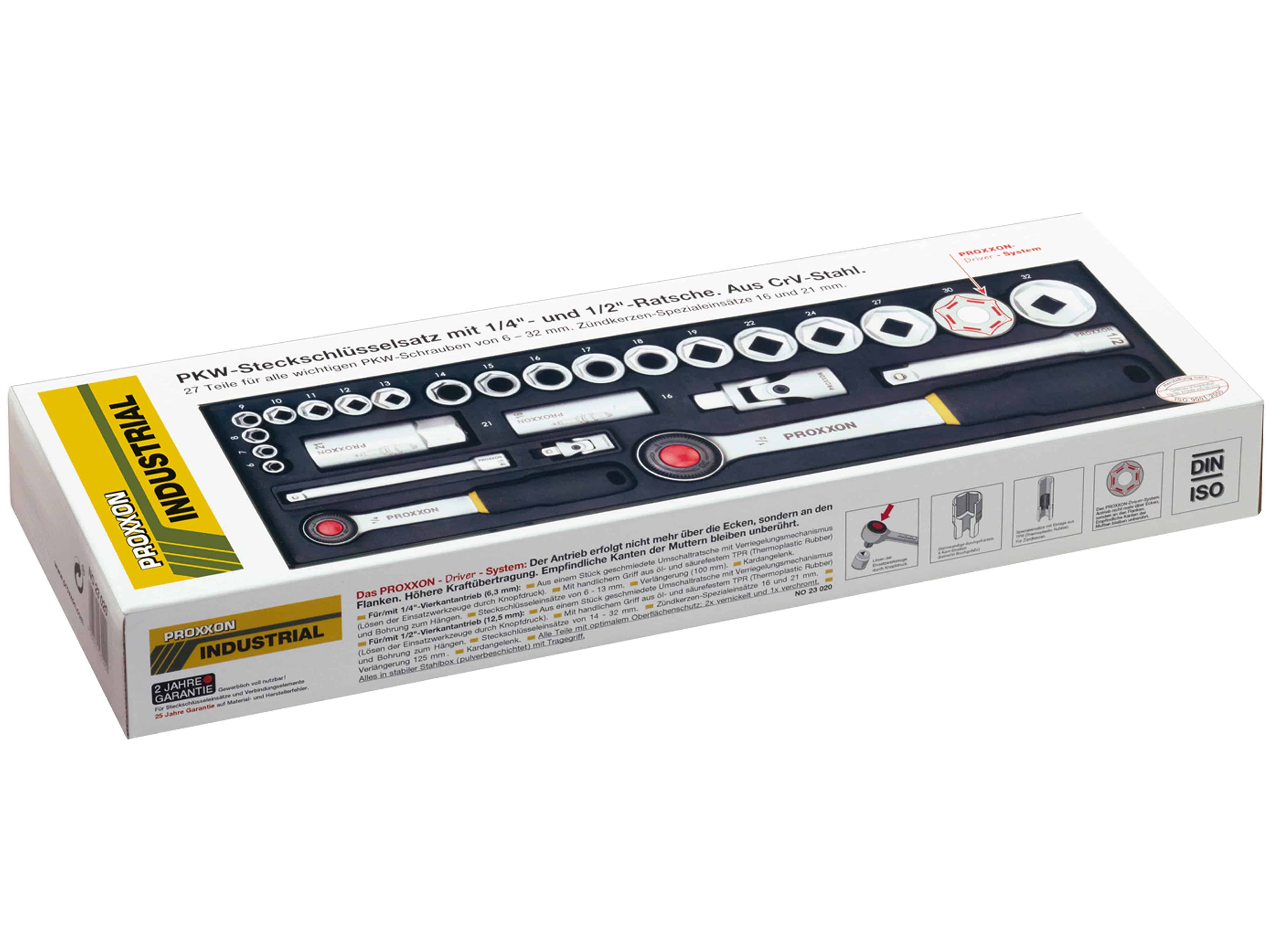 PROXXON PKW-Steckschlüsselsatz mit 1/4"- und 1/2"-Ratsche, 23020, 27-teilig