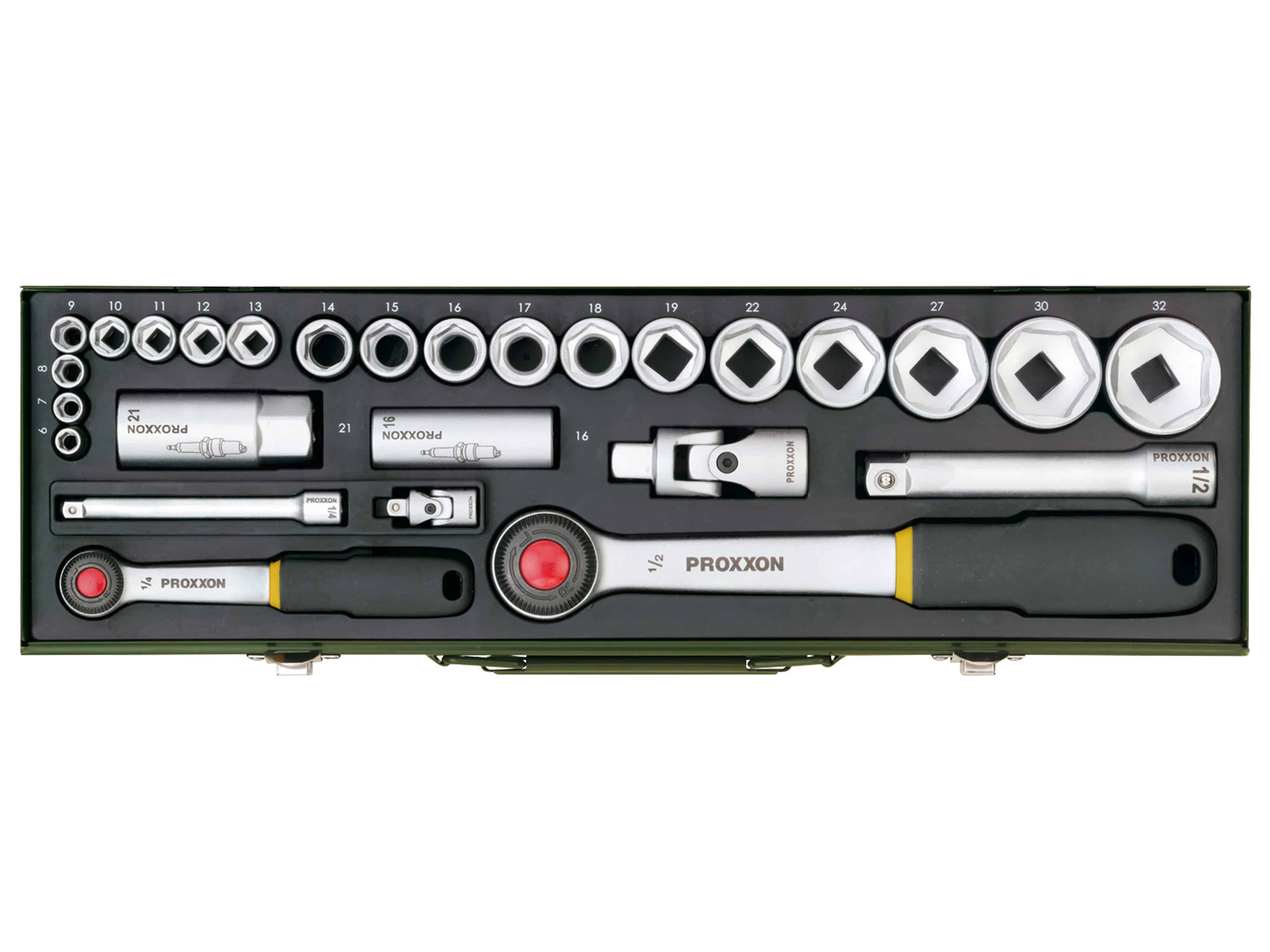 PROXXON PKW-Steckschlüsselsatz mit 1/4"- und 1/2"-Ratsche, 23020, 27-teilig