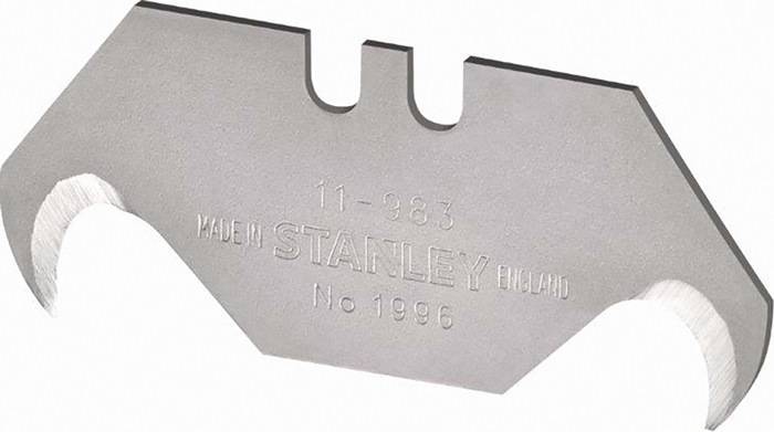 Nahaufnahme einer Stanley Universalmesserklinge, eingraviert mit '11-983', 'MADE IN ENGLAND' und 'No 1996'.
